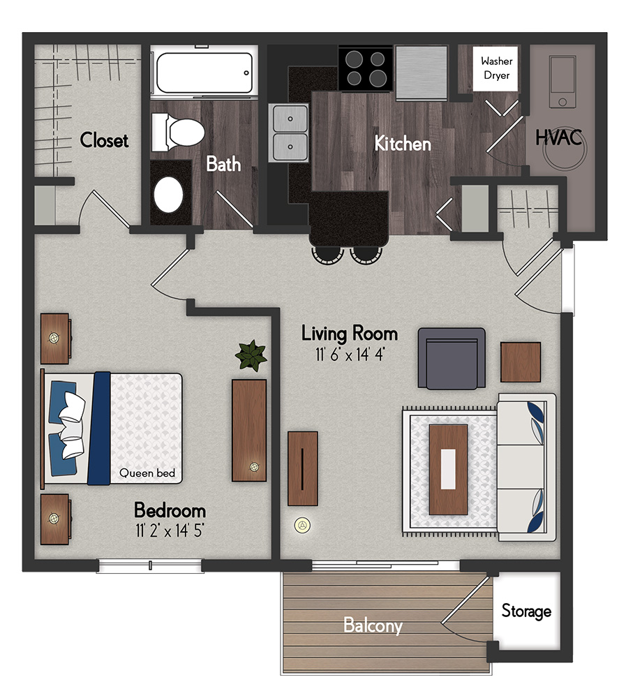 Floor plan for 1 bed, 1 bath, 576 sqft