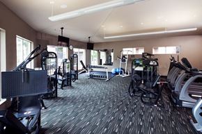 Omaha apartment for rent - a gym with cardio machines and weights on a carpeted floor