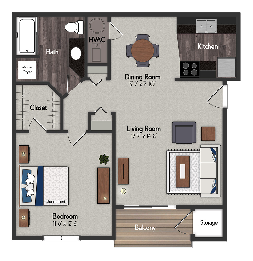Floor plan for 1 bed, 1 bath, 685 sqft