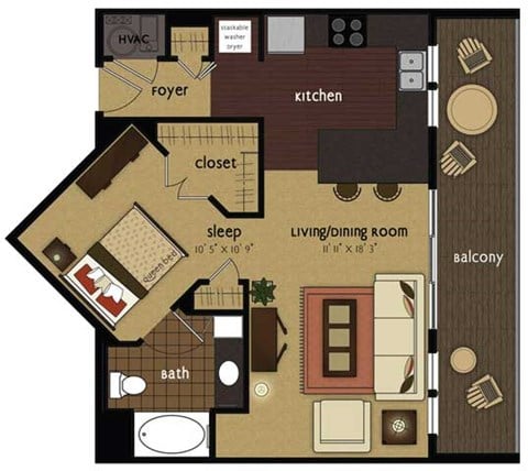 Floor plan for studio, 1 bath, 710 sqft