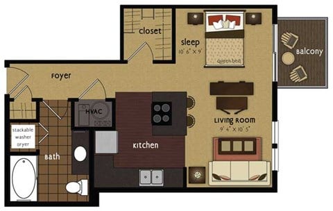 Floor plan for studio, 1 bath, 539 sqft