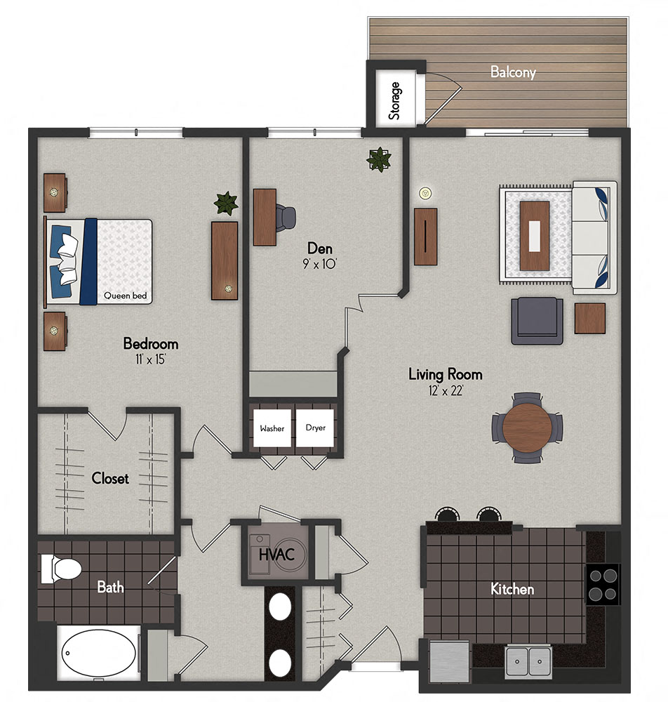 Floor plan for 1 bed, 1 bath, 1088 sqft