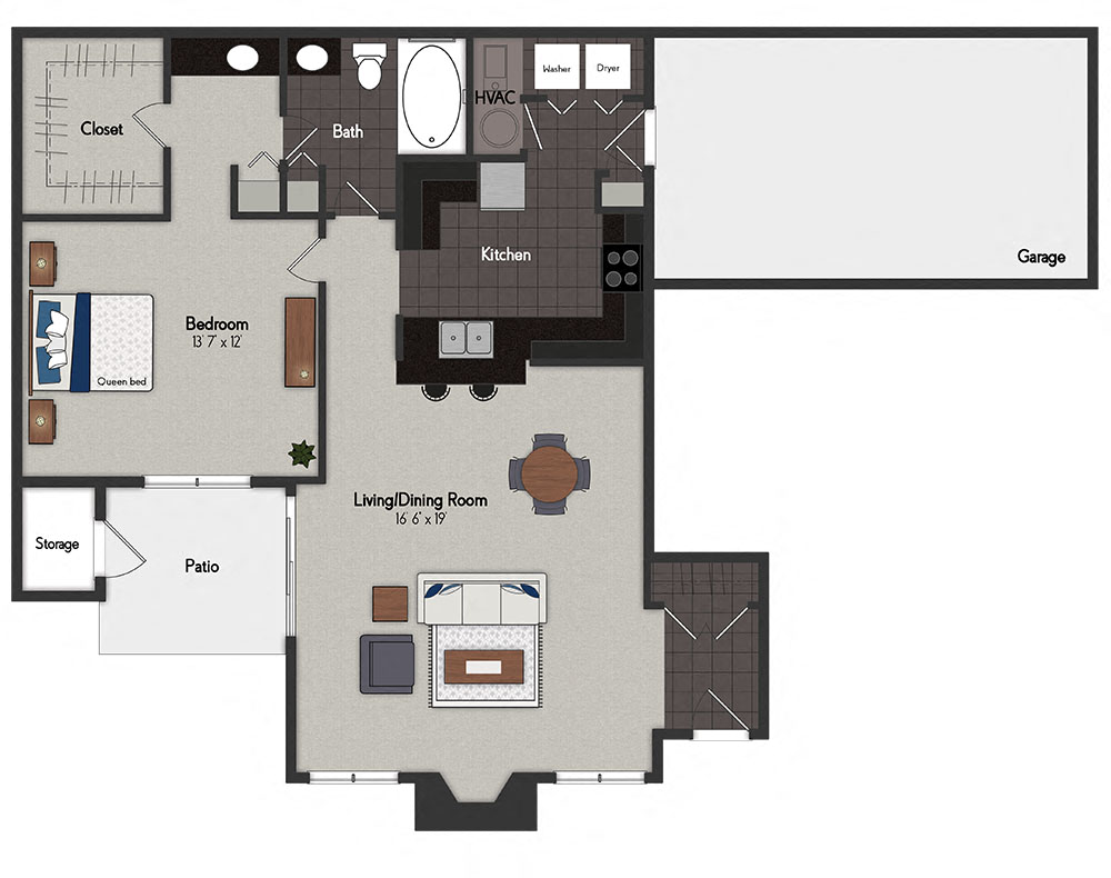 Floor plan for 1 bed, 1 bath, 951 sqft