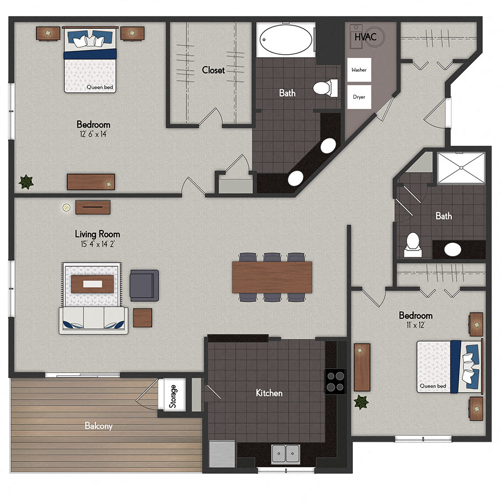 Floor plan for 2 beds, 2 baths, 1313 sqft