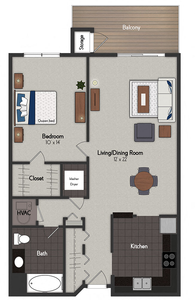 Floor plan for 1 bed, 1 bath, 787 sqft