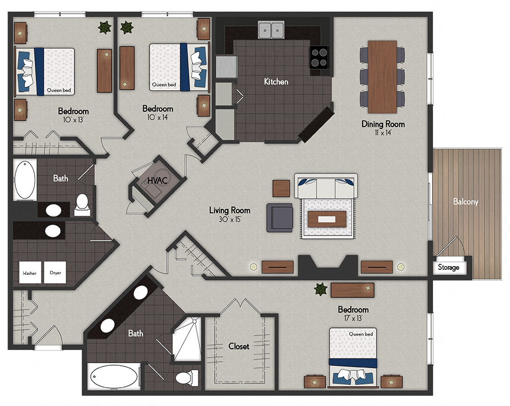 Floor plan for 3 beds, 2 baths, 2100 sqft