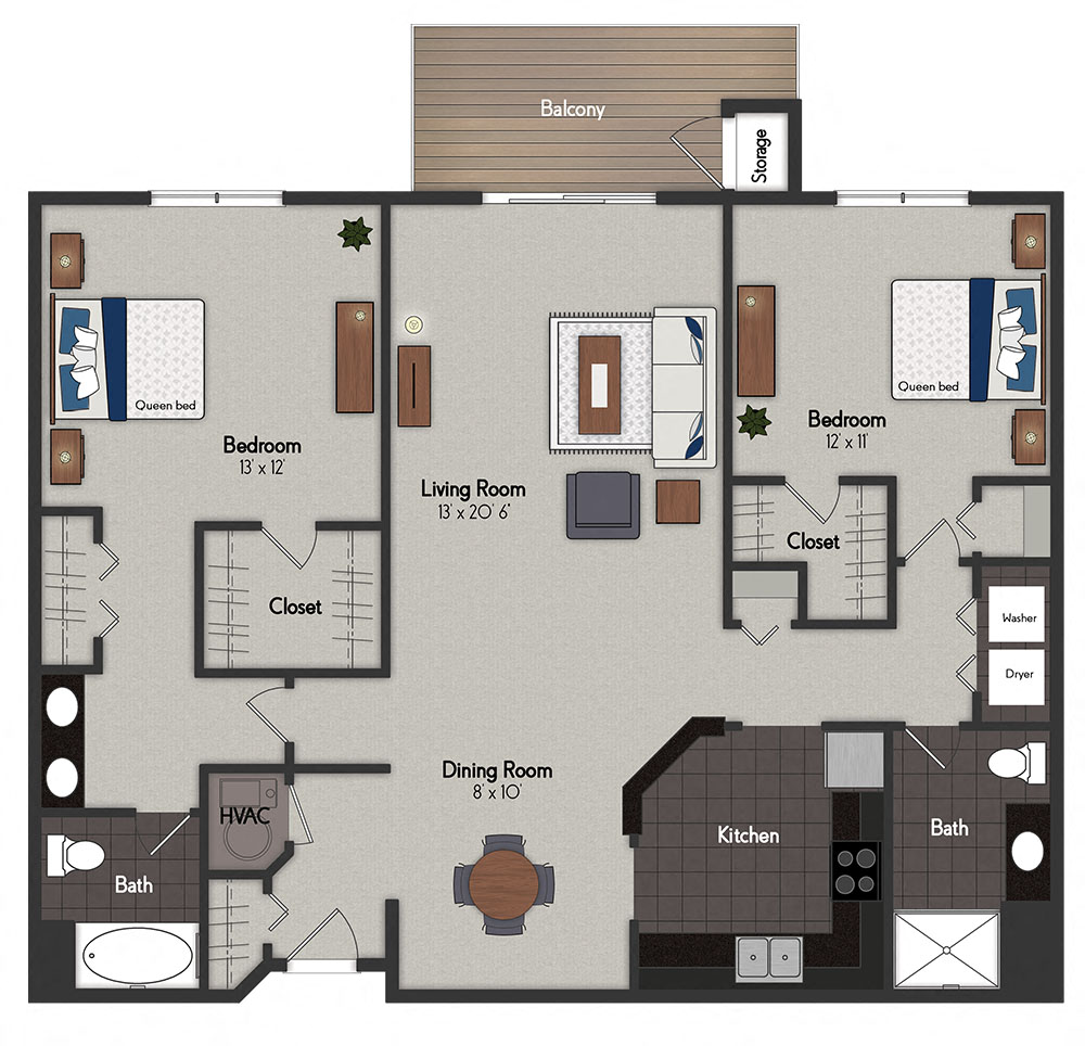 Floor plan for 2 beds, 2 baths, 1249 sqft