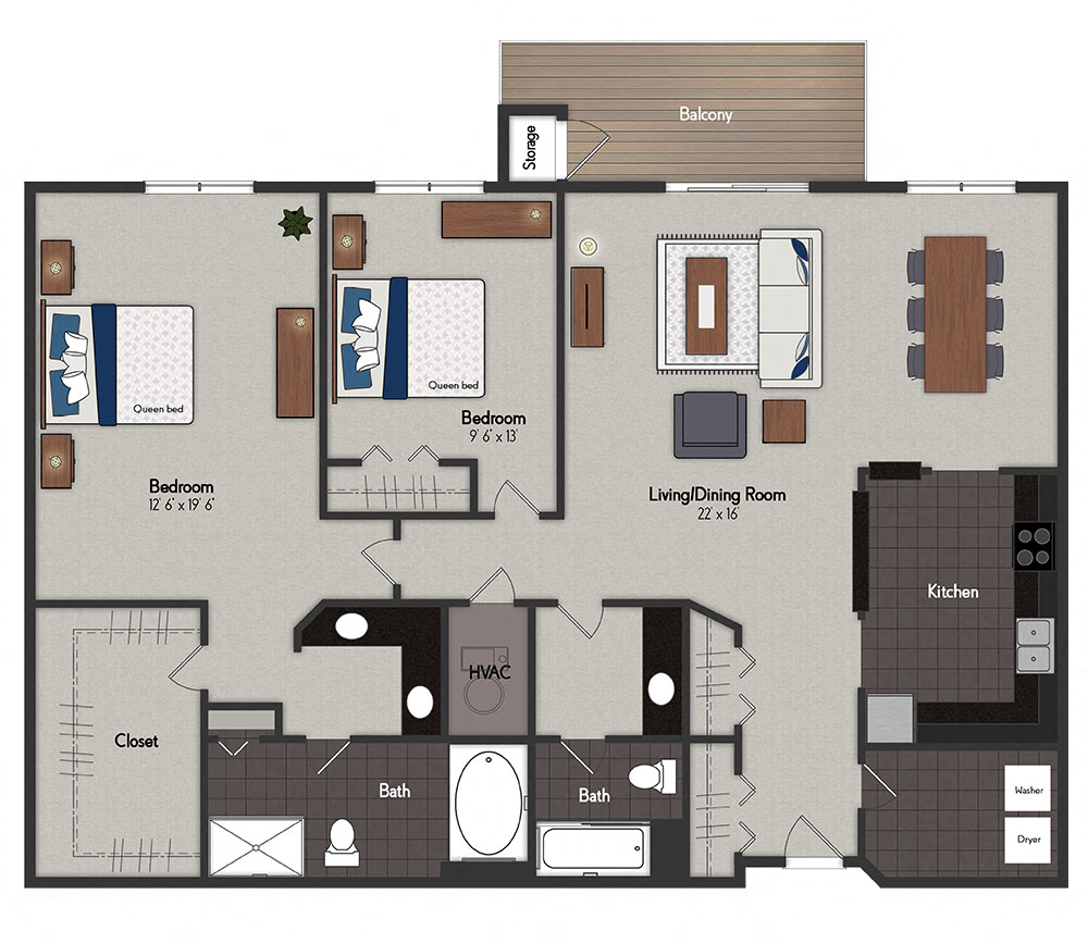 Floor plan for 2 beds, 2 baths, 1440 sqft