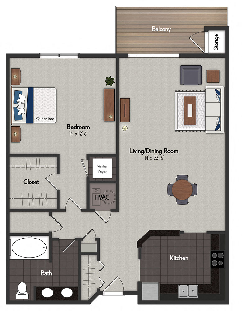 Floor plan for 1 bed, 1 bath, 947 sqft