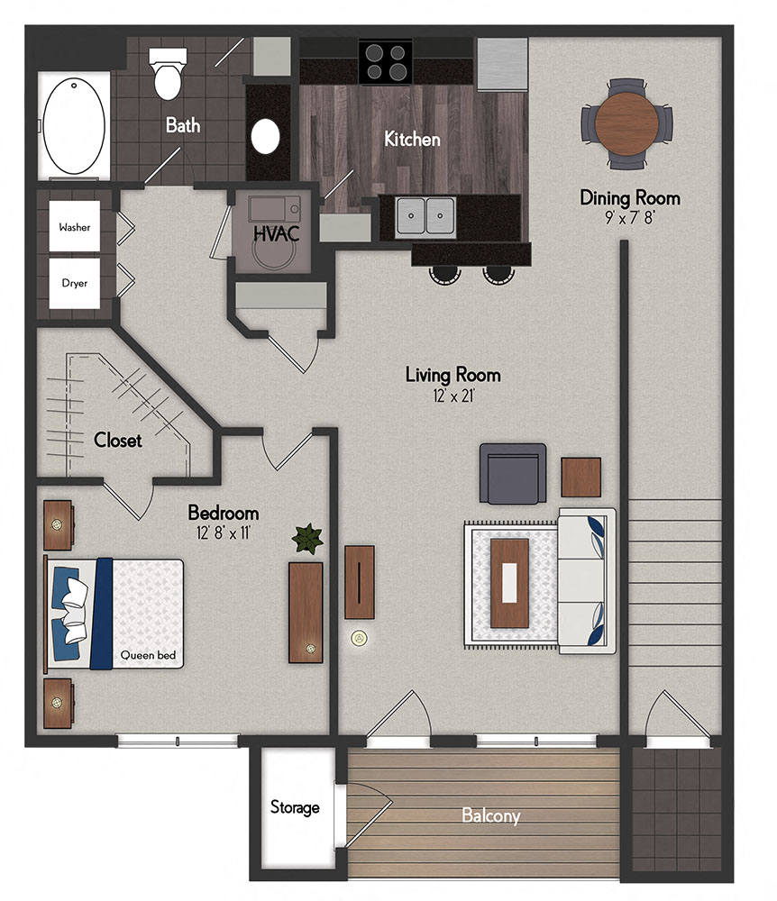 Floor plan for 1 bed, 1 bath, 820 sqft