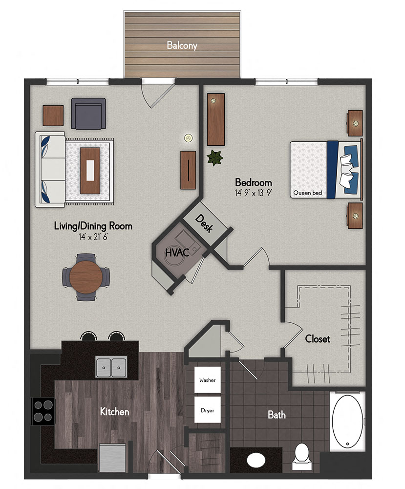Floor plan for 1 bed, 1 bath, 860 sqft