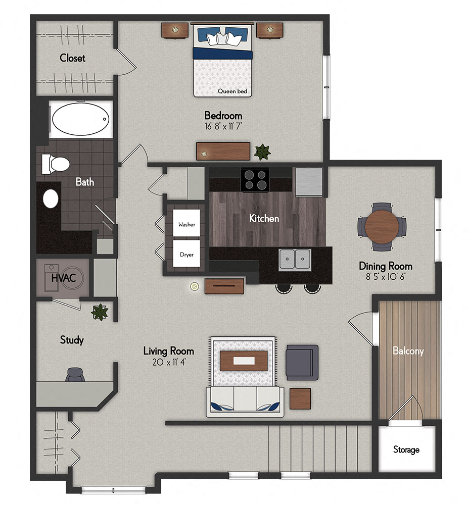 Floor plan for 1 bed, 1 bath, 940 sqft