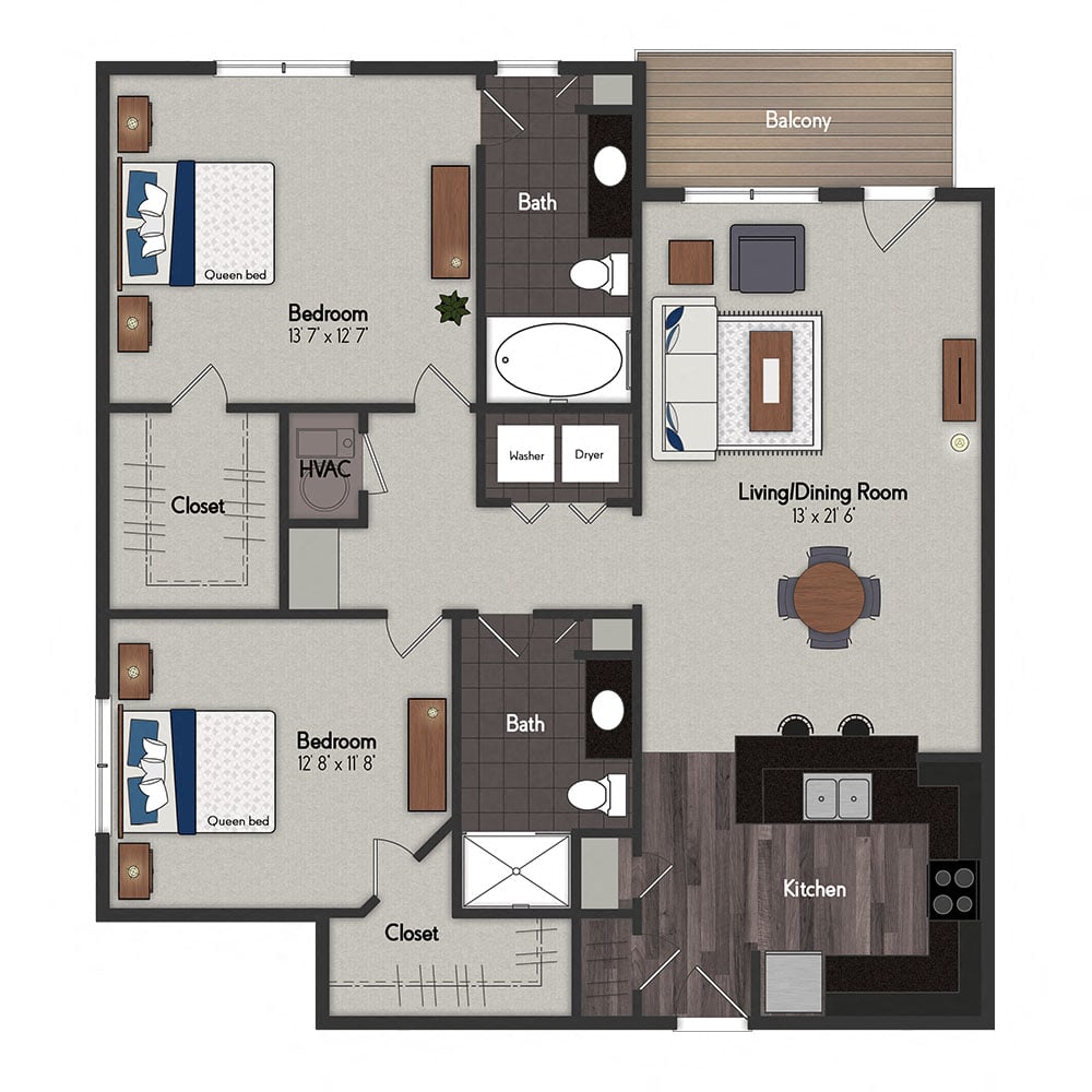Floor plan for 2 beds, 2 baths, 1100 sqft