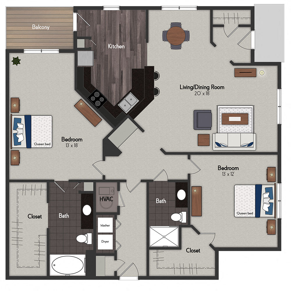 Floor plan for 2 beds, 2 baths, 1290 sqft