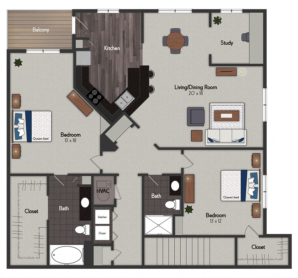 Floor plan for 2 beds, 2 baths, 1320 sqft