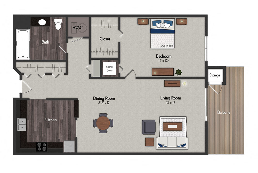 Floor plan for 1 bed, 1 bath, 725 sqft