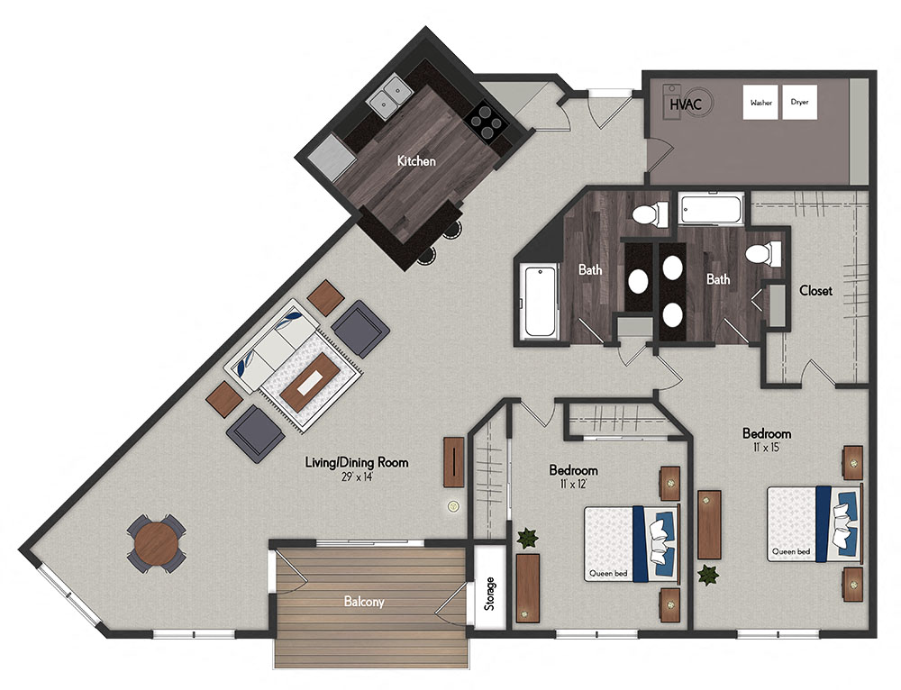 Floor plan for 2 beds, 2 baths, 1360 sqft