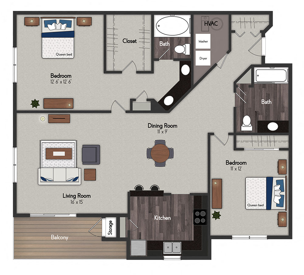 Floor plan for 2 beds, 2 baths, 1313 sqft