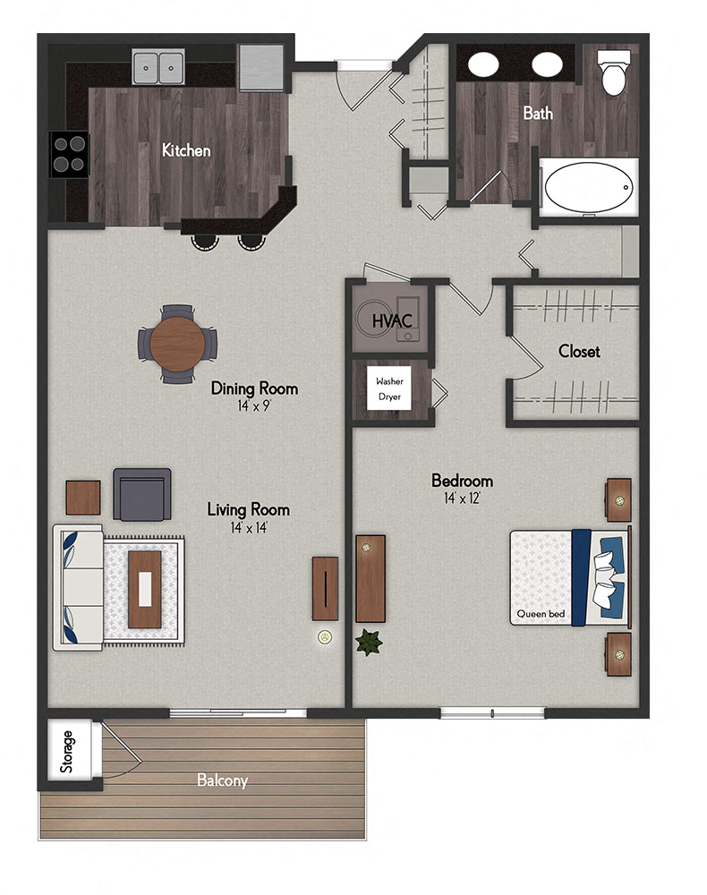 Floor plan for 1 bed, 1 bath, 862 sqft