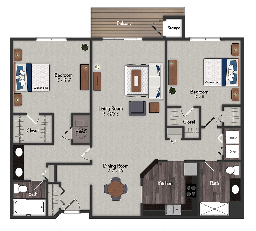 Floor plan for 2 beds, 2 baths, 1249 sqft