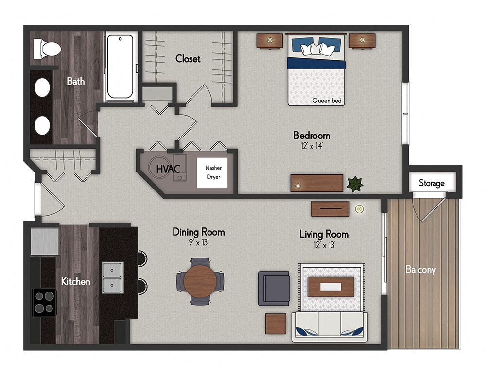 Floor plan for 1 bed, 1 bath, 842 sqft