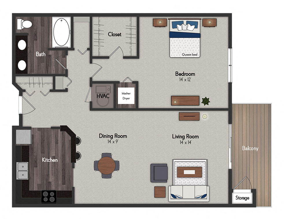 Floor plan for 1 bed, 1 bath, 942 sqft