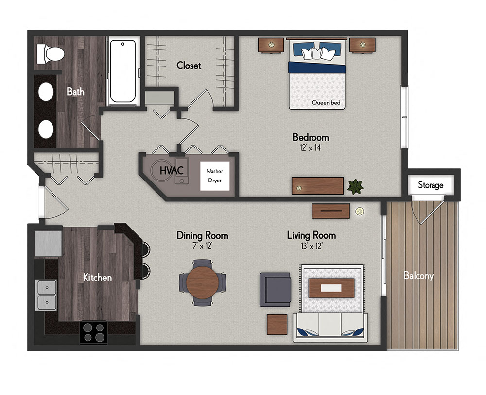 Floor plan for 1 bed, 1 bath, 820 sqft