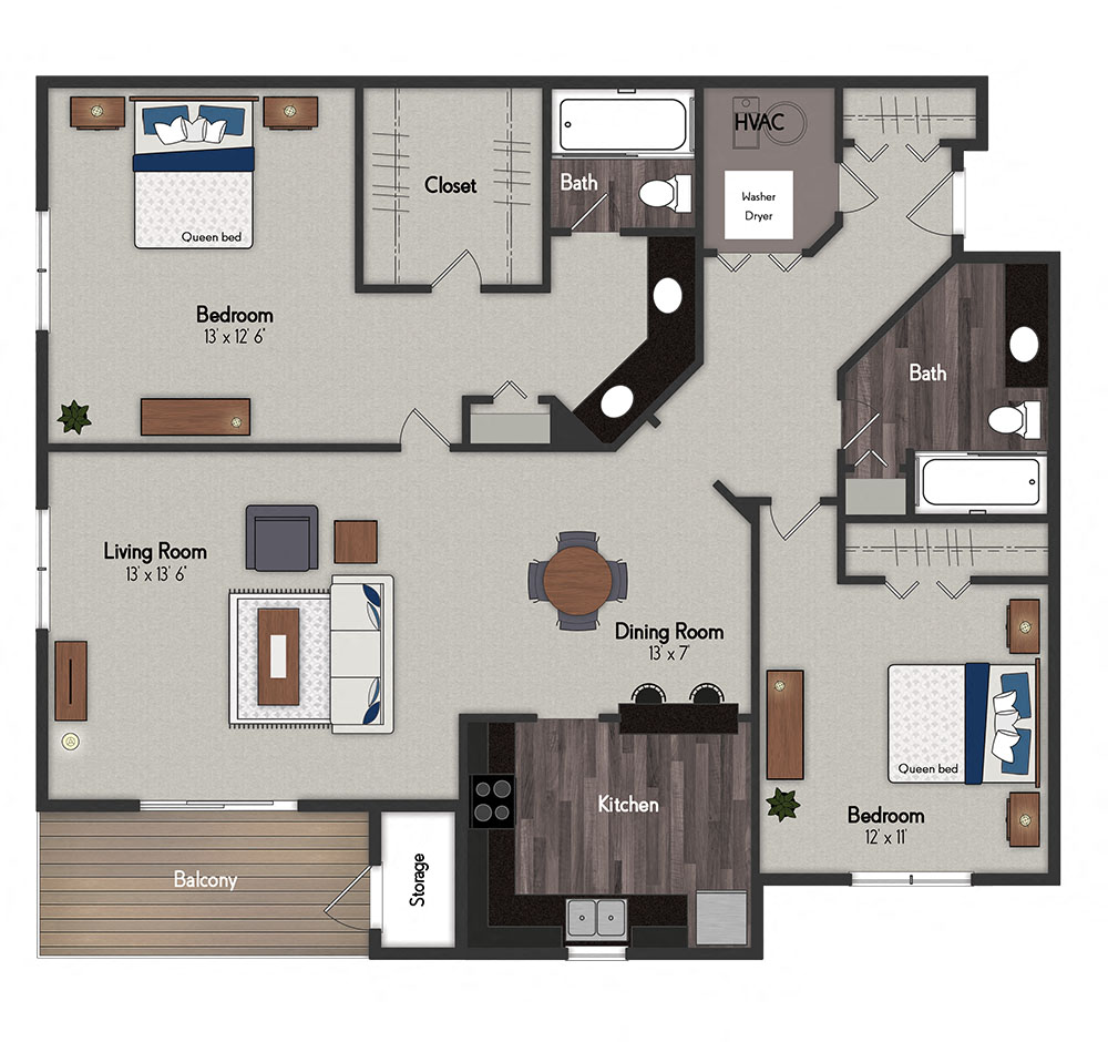 Floor plan for 2 beds, 2 baths, 1250 sqft