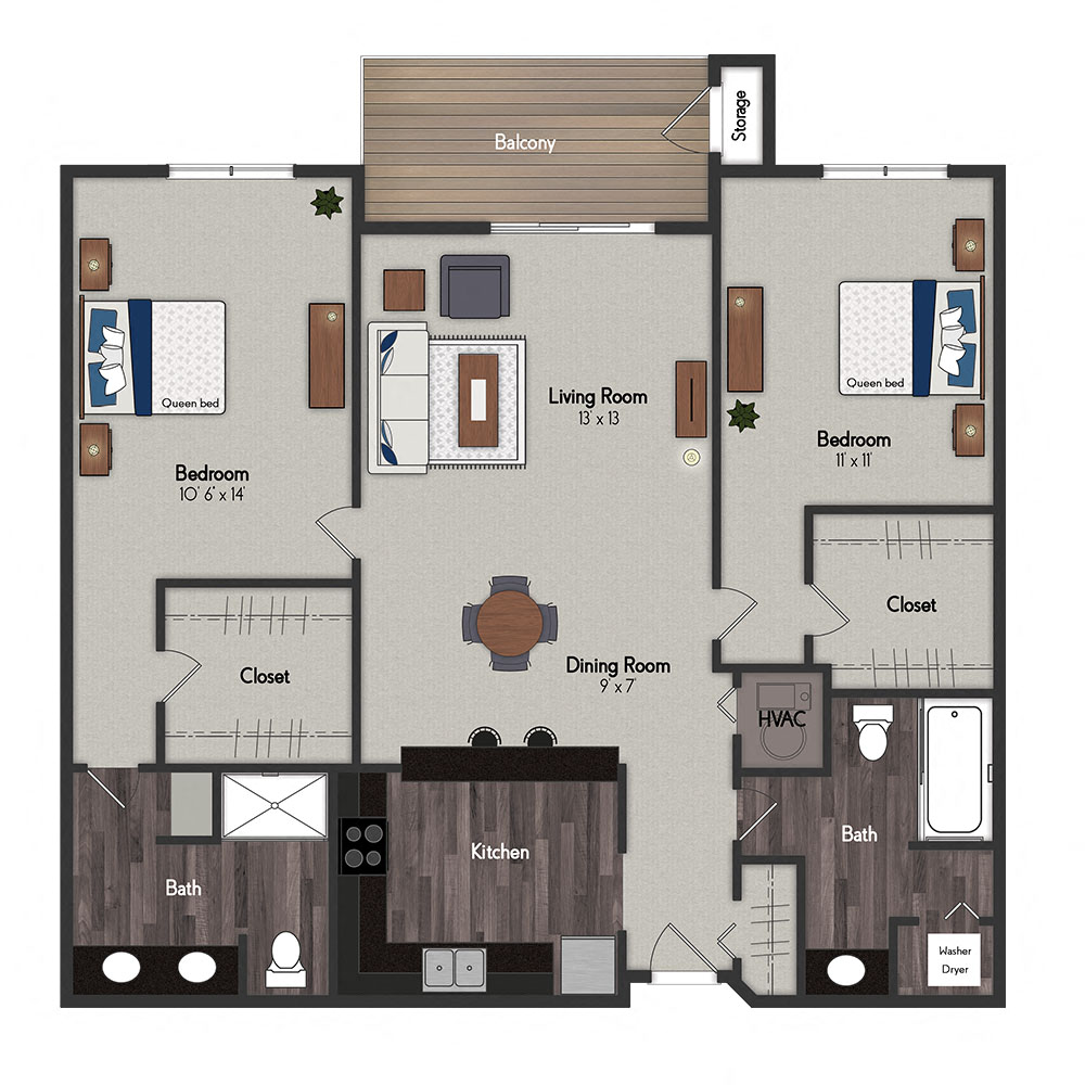 Floor plan for 2 beds, 2 baths, 1100 sqft