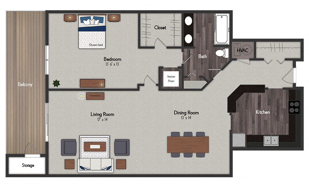 Floor plan for 1 bed, 1 bath, 1000 sqft