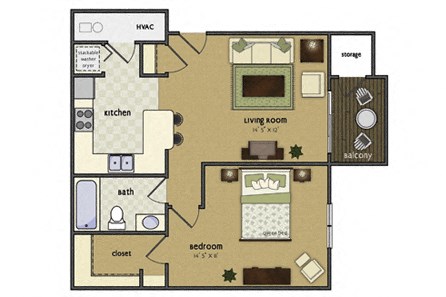 Floor plan for 1 bed, 1 bath, 607 sqft