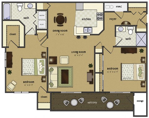 Floor plan for 2 beds, 2 baths, 1208 sqft
