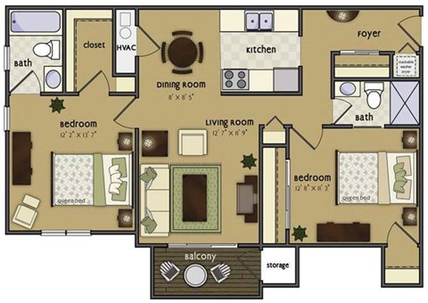 Floor plan for 2 beds, 2 baths, 995 sqft