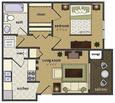 Floor plan for 1 bed, 1 bath, 614 sqft