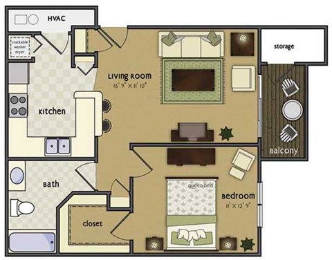 Floor plan for 1 bed, 1 bath, 697 sqft