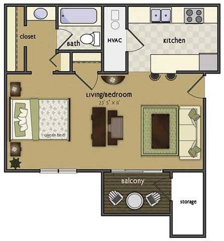 Floor plan for studio, 1 bath, 500 sqft