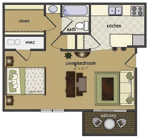 Floor plan for studio, 1 bath, 559 sqft