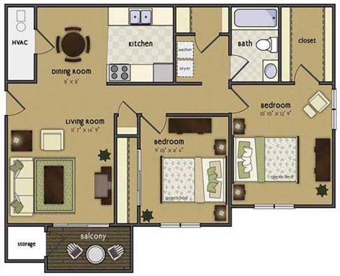 Floor plan for 2 beds, 1 bath, 860 sqft