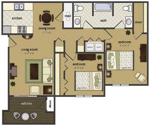 Floor plan for 2 beds, 2 baths, 911 sqft