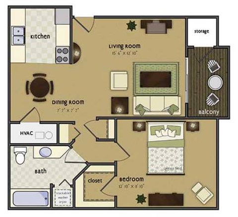 Floor plan for 1 bed, 1 bath, 697 sqft