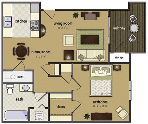 Floor plan for 1 bed, 1 bath, 680 sqft