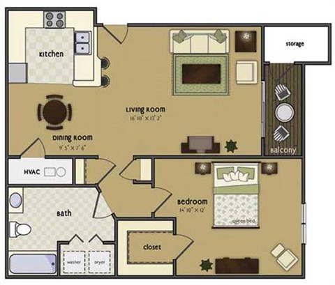 Floor plan for 1 bed, 1 bath, 806 sqft