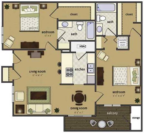 Floor plan for 2 beds, 2 baths, 990 sqft