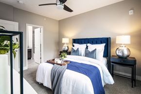 Bellevue apartment for rent - A bedroom with a large bed and a ceiling fan.