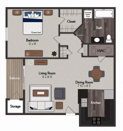 Floor plan for 1 bed, 1 bath, 776 sqft