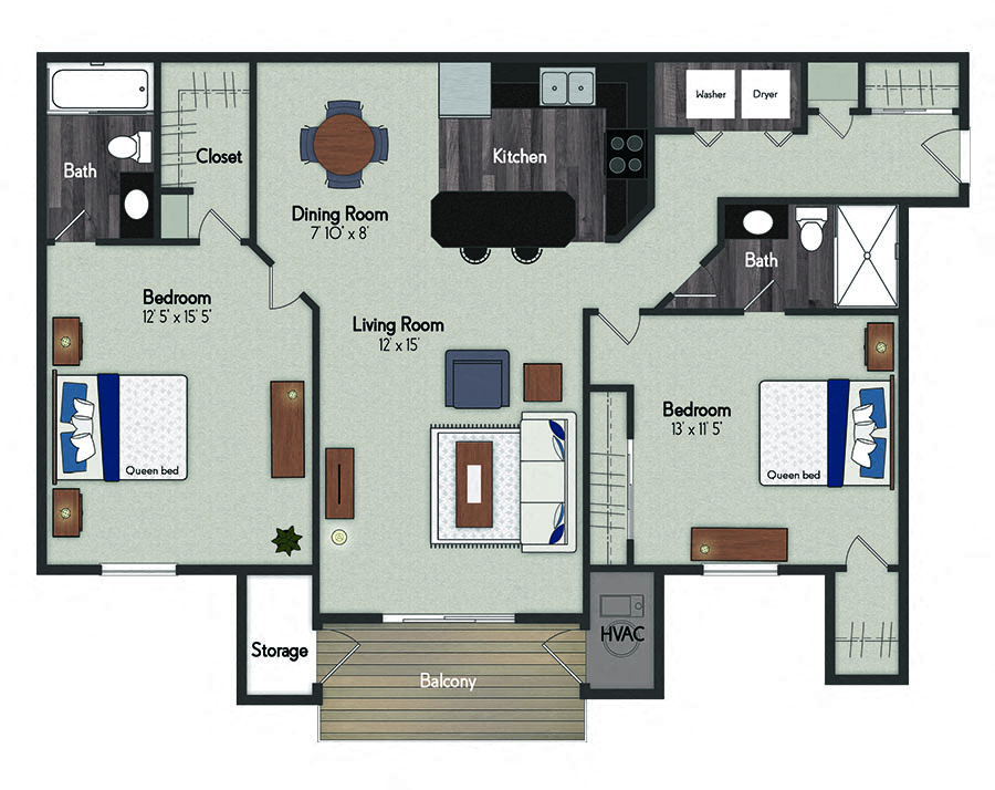 Floor plan for 2 beds, 2 baths, 1425 sqft