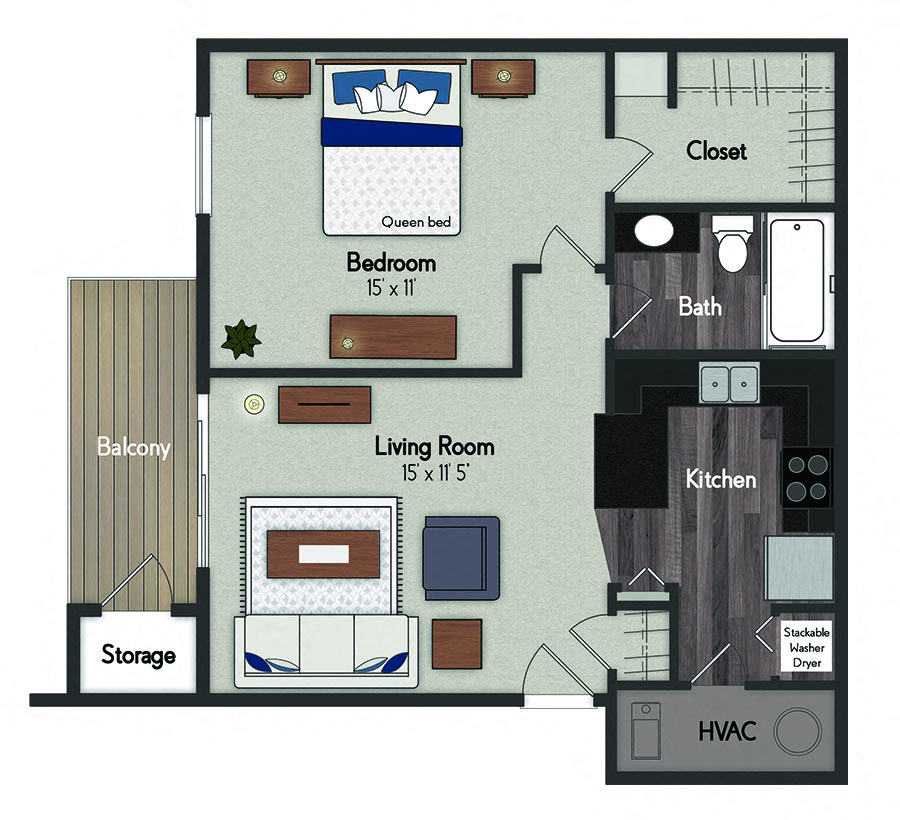 Floor plan for 1 bed, 1 bath, 639 sqft