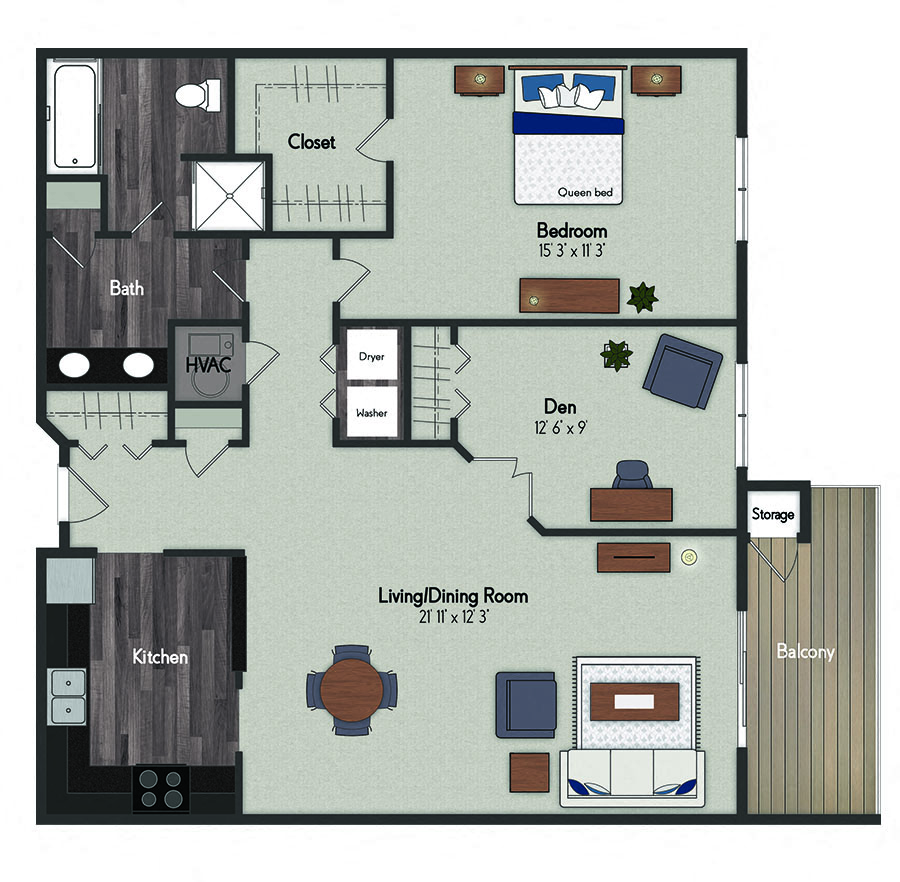 Floor plan for 1 bed, 1 bath, 1083 sqft