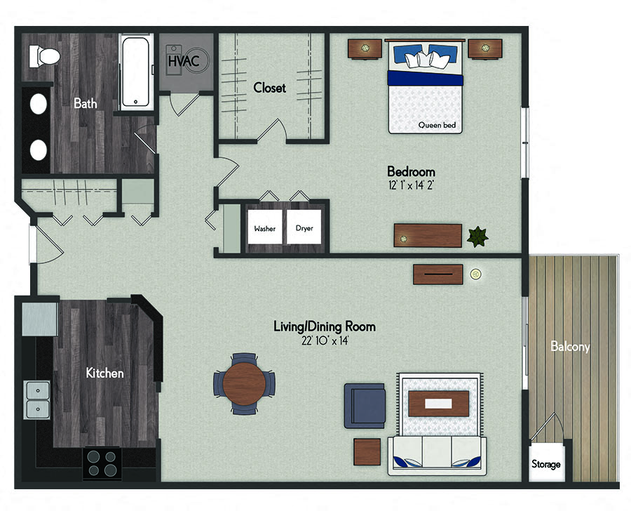 Floor plan for 1 bed, 1 bath, 951 sqft