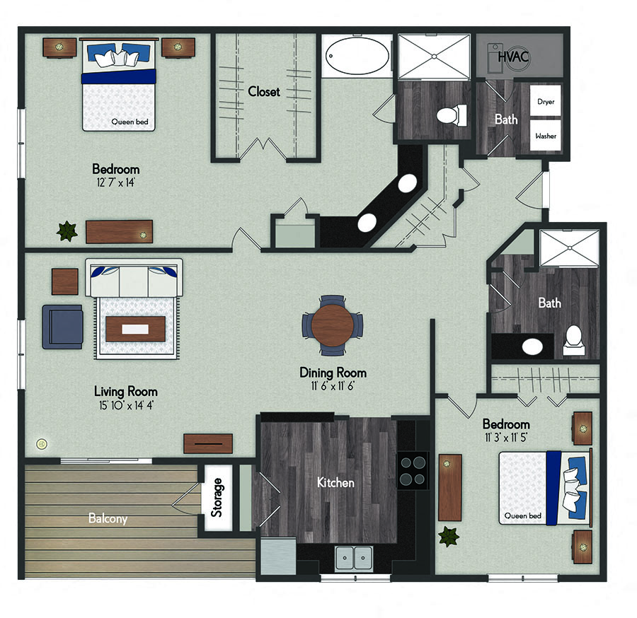Floor plan for 2 beds, 2 baths, 1353 sqft